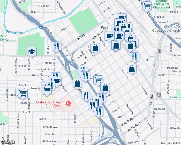 map of restaurants, bars, coffee shops, grocery stores, and more near 900 Bluff Street in Wichita Falls