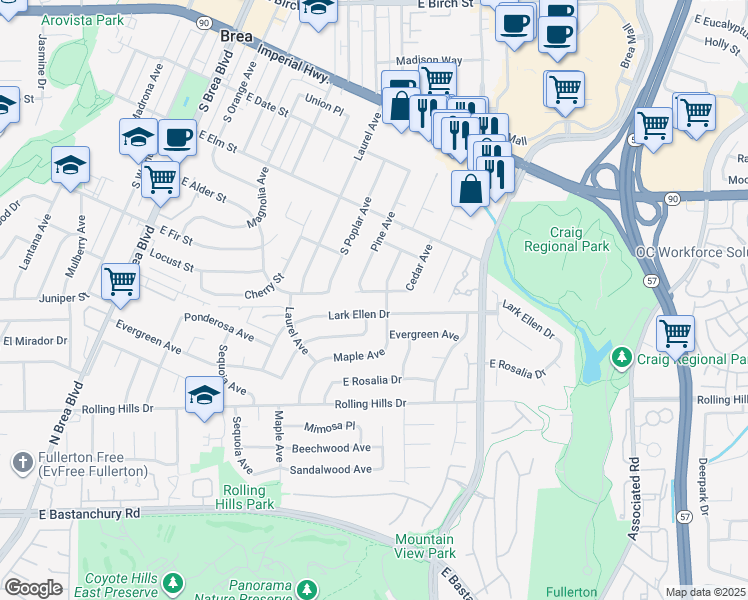 map of restaurants, bars, coffee shops, grocery stores, and more near 810 Cedar Avenue in Brea