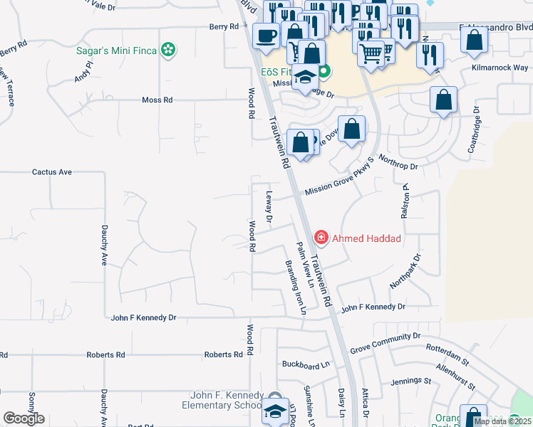 map of restaurants, bars, coffee shops, grocery stores, and more near 7935 Leway Drive in Riverside