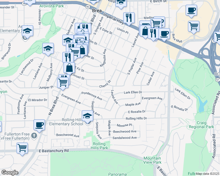 map of restaurants, bars, coffee shops, grocery stores, and more near 712 East Alder Street in Brea