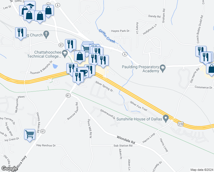 map of restaurants, bars, coffee shops, grocery stores, and more near 315 Silver Spring Street in Dallas