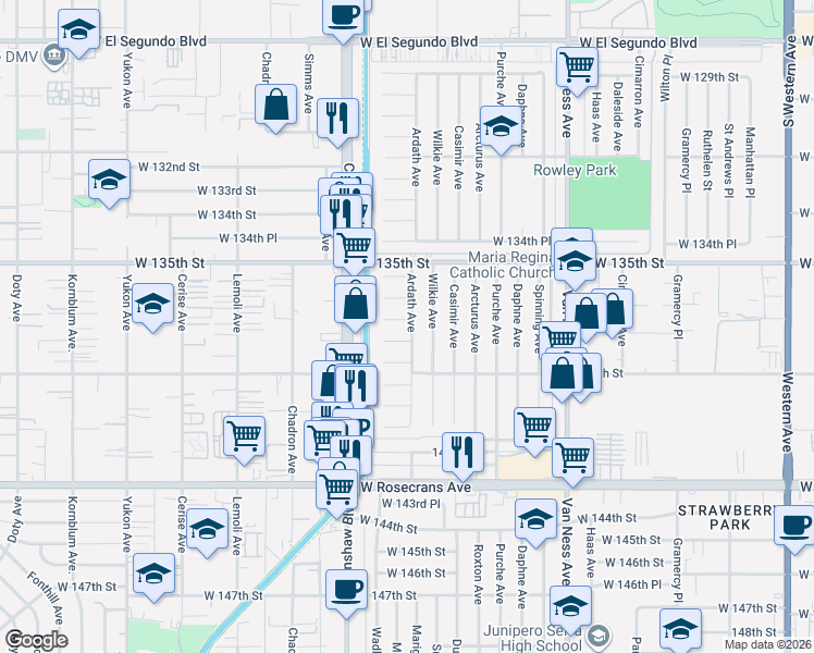 map of restaurants, bars, coffee shops, grocery stores, and more near 2904 137th Street in Gardena