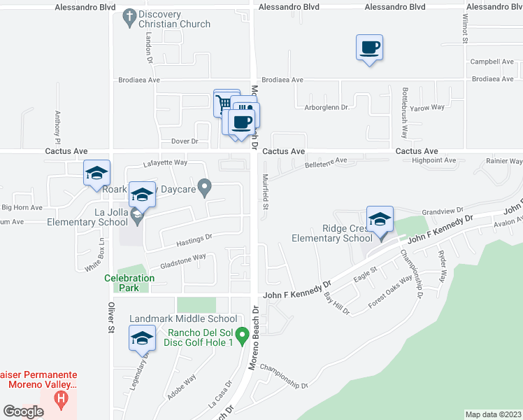 map of restaurants, bars, coffee shops, grocery stores, and more near 14709 Muirfield Street in Moreno Valley