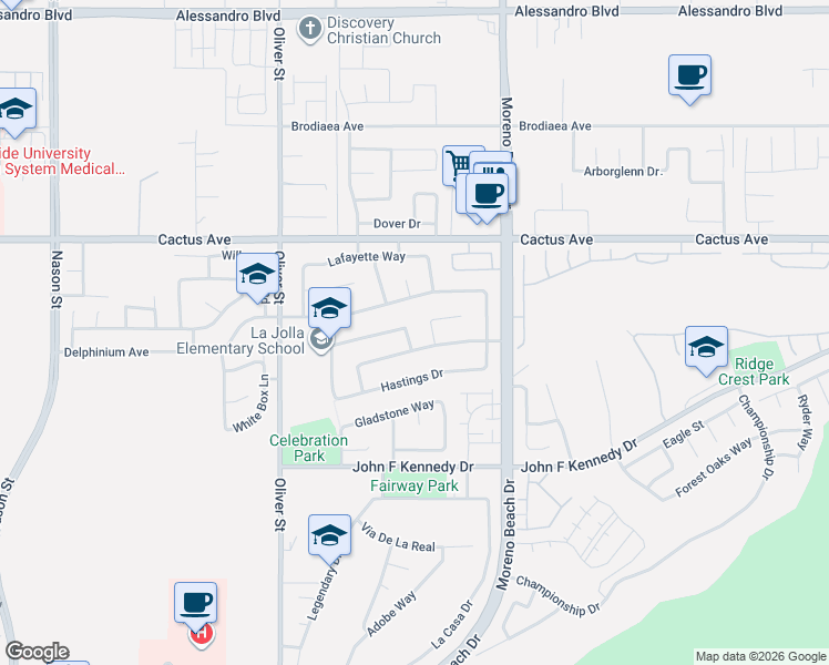 map of restaurants, bars, coffee shops, grocery stores, and more near 14671 Astoria Drive in Moreno Valley