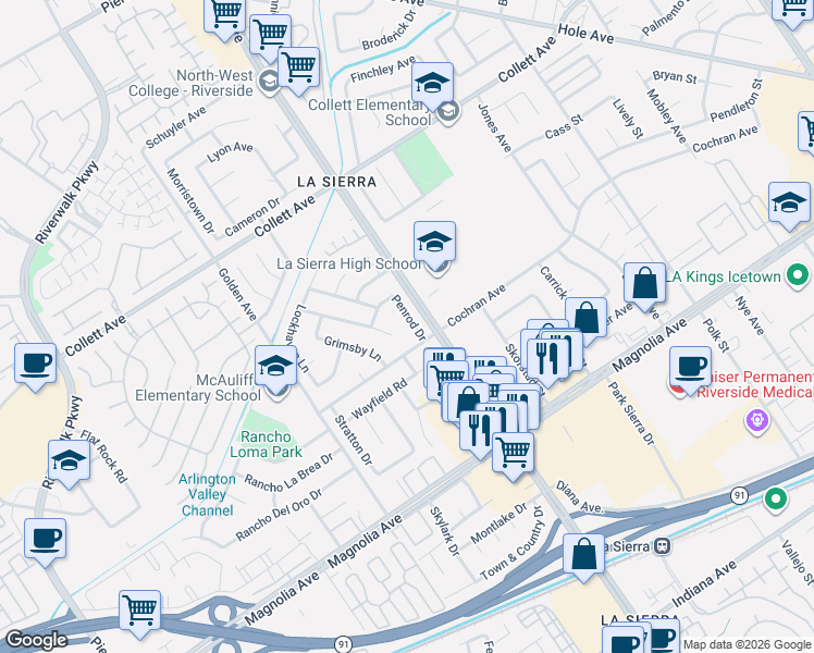 map of restaurants, bars, coffee shops, grocery stores, and more near 4051 Penrod Drive in Riverside