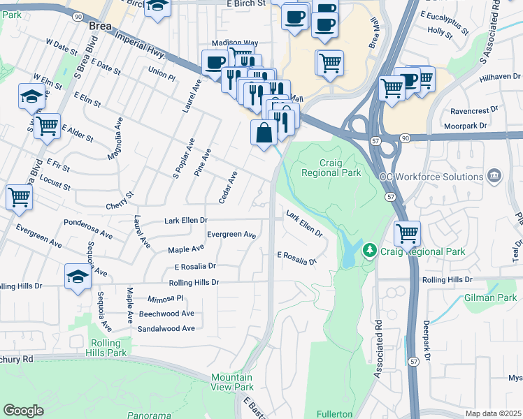 map of restaurants, bars, coffee shops, grocery stores, and more near 581 Muirwood Drive in Brea