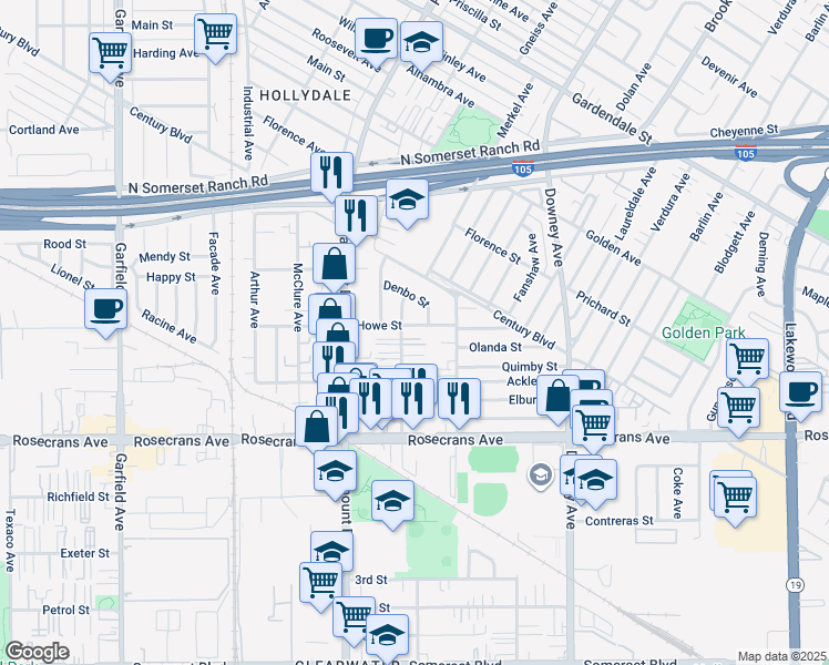 map of restaurants, bars, coffee shops, grocery stores, and more near 13931 Orizaba Avenue in Paramount