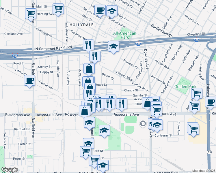 map of restaurants, bars, coffee shops, grocery stores, and more near 13931 Orizaba Avenue in Paramount
