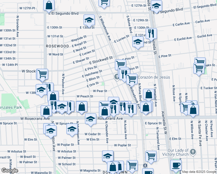 map of restaurants, bars, coffee shops, grocery stores, and more near 357 West Fig Street in Compton