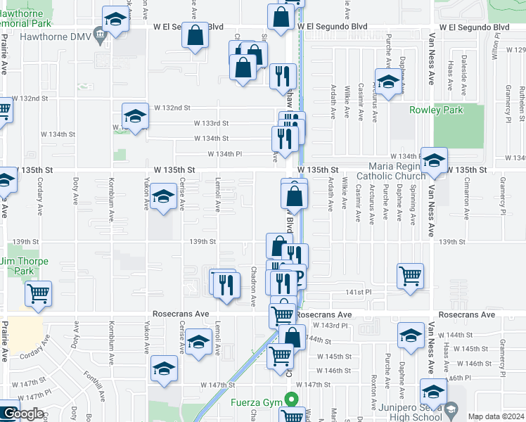 map of restaurants, bars, coffee shops, grocery stores, and more near 13615 Crenshaw Boulevard in Hawthorne