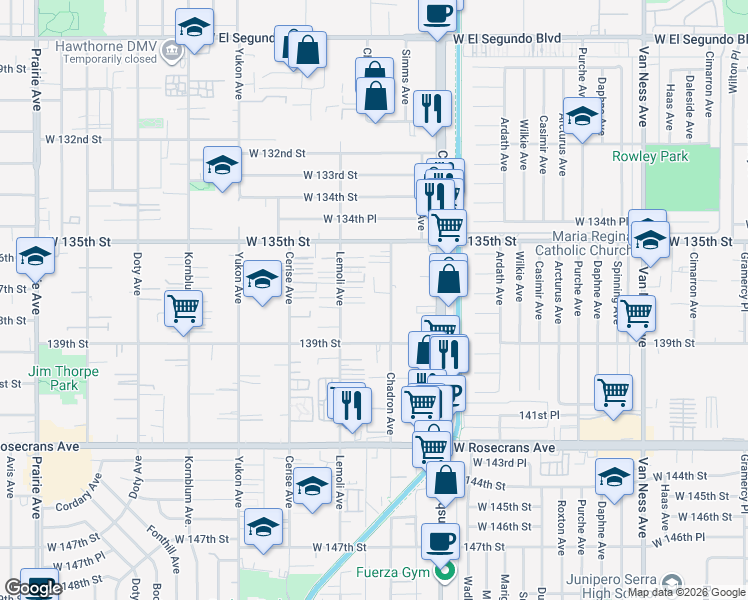 map of restaurants, bars, coffee shops, grocery stores, and more near 3205 Galli Street in Hawthorne