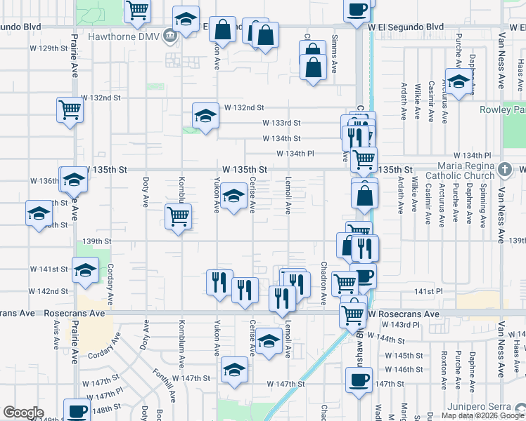 map of restaurants, bars, coffee shops, grocery stores, and more near 13622 1/2 Cerise Avenue in Hawthorne