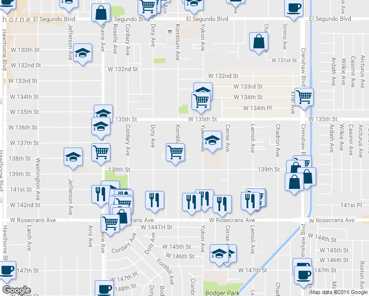 map of restaurants, bars, coffee shops, grocery stores, and more near 13616 Kornblum Avenue in Hawthorne