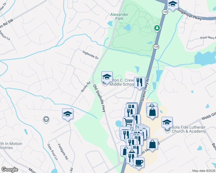 map of restaurants, bars, coffee shops, grocery stores, and more near Rocky Road in Lawrenceville