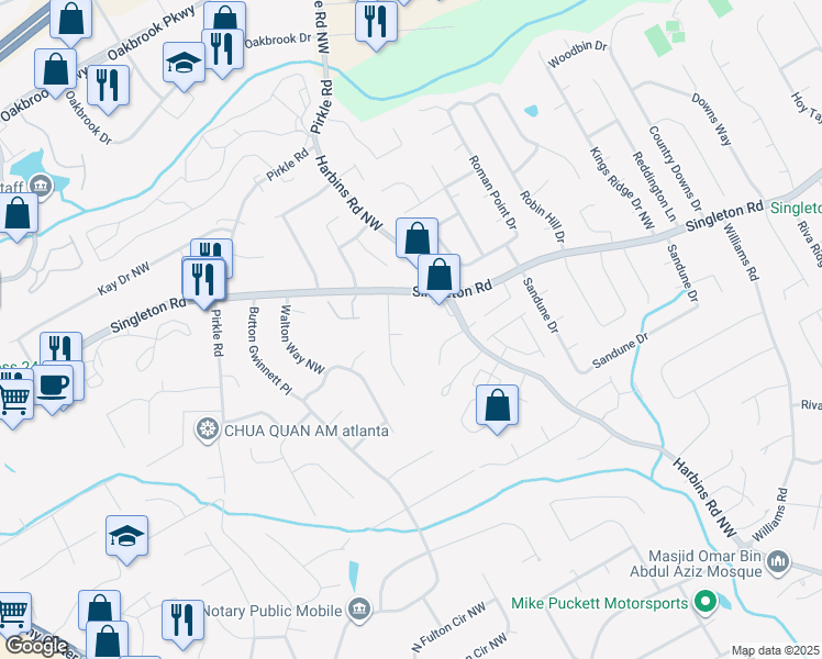 map of restaurants, bars, coffee shops, grocery stores, and more near 5624 Singleton Road in Norcross