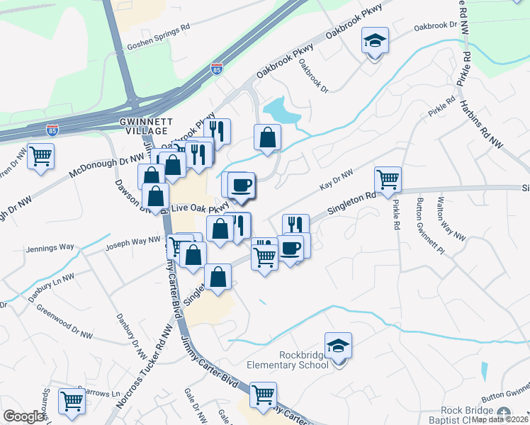 map of restaurants, bars, coffee shops, grocery stores, and more near 6001 Kay Drive Northwest in Norcross