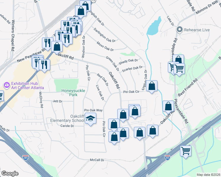 map of restaurants, bars, coffee shops, grocery stores, and more near 3923 Red Oak Drive in Atlanta