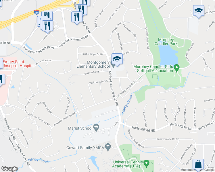 map of restaurants, bars, coffee shops, grocery stores, and more near 3924 Ashford Dunwoody Road Northeast in Atlanta