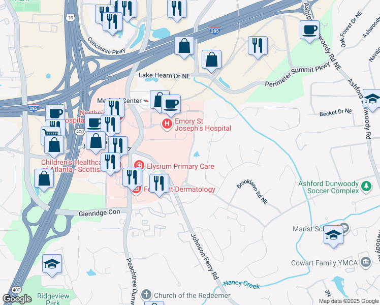 map of restaurants, bars, coffee shops, grocery stores, and more near 1196 Old Johnson Ferry Road Northeast in Atlanta
