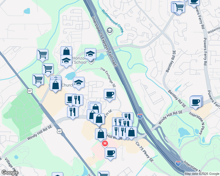 map of restaurants, bars, coffee shops, grocery stores, and more near 1845 The Exchange Southeast in Atlanta