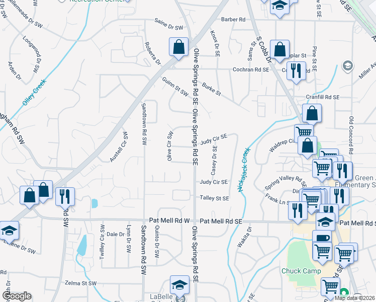 map of restaurants, bars, coffee shops, grocery stores, and more near 6 Judy Drive Southwest in Marietta