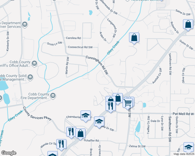 map of restaurants, bars, coffee shops, grocery stores, and more near 1749 Bertram Lane Southwest in Marietta