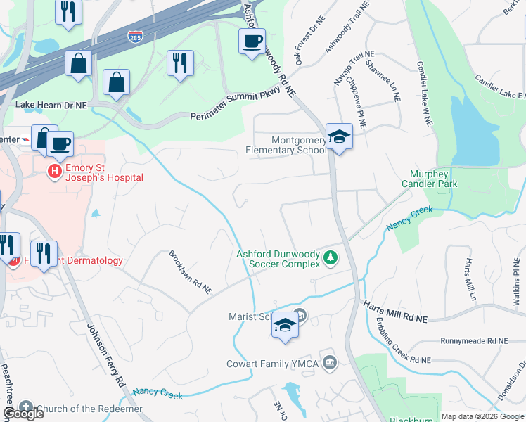 map of restaurants, bars, coffee shops, grocery stores, and more near 3889 Chaucer Wood Northeast in Atlanta