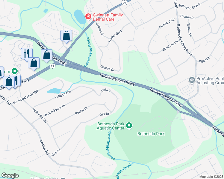 map of restaurants, bars, coffee shops, grocery stores, and more near 3120 Oak Drive in Lawrenceville