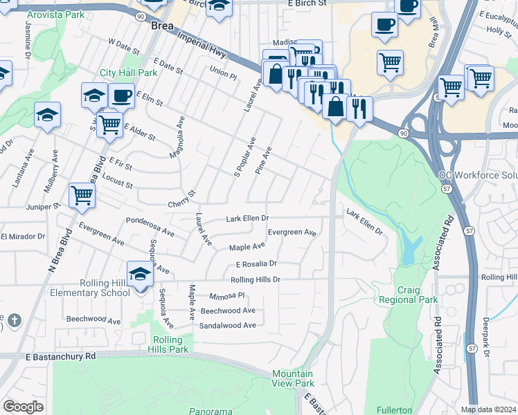 map of restaurants, bars, coffee shops, grocery stores, and more near 810 Cedar Avenue in Brea