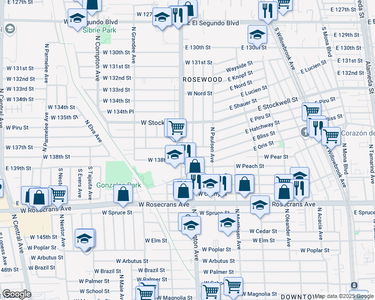 map of restaurants, bars, coffee shops, grocery stores, and more near 1604 North Wilmington Avenue in Compton