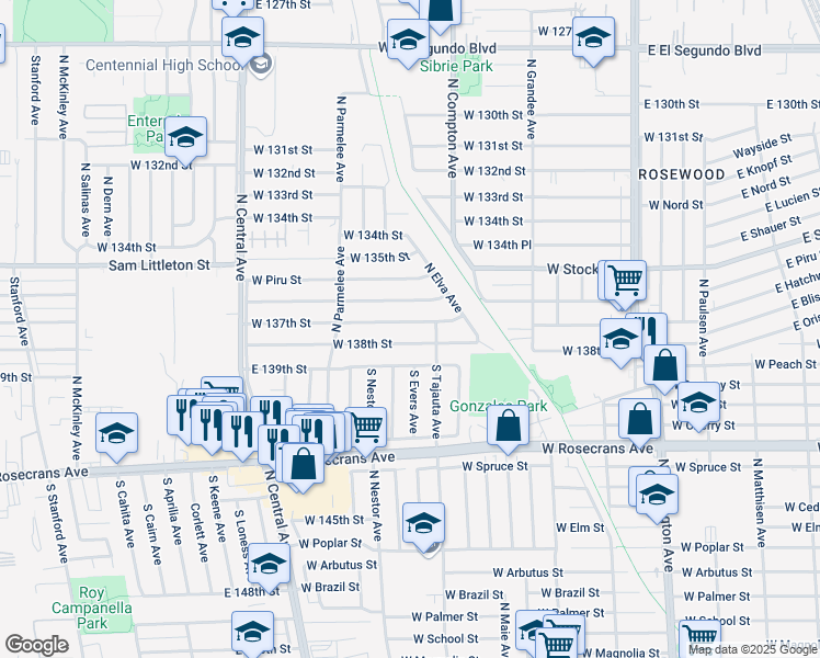 map of restaurants, bars, coffee shops, grocery stores, and more near 1221 West 137th Street in Compton