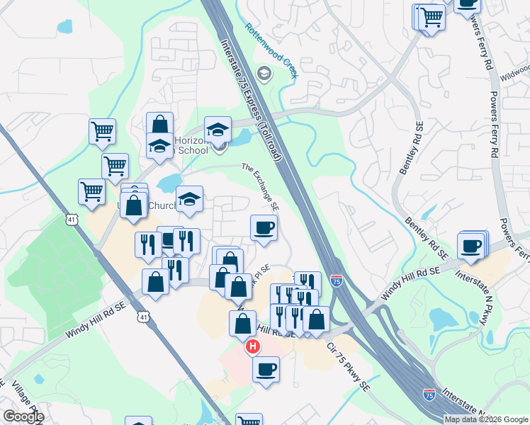 map of restaurants, bars, coffee shops, grocery stores, and more near 1845 The Exchange Southeast in Atlanta