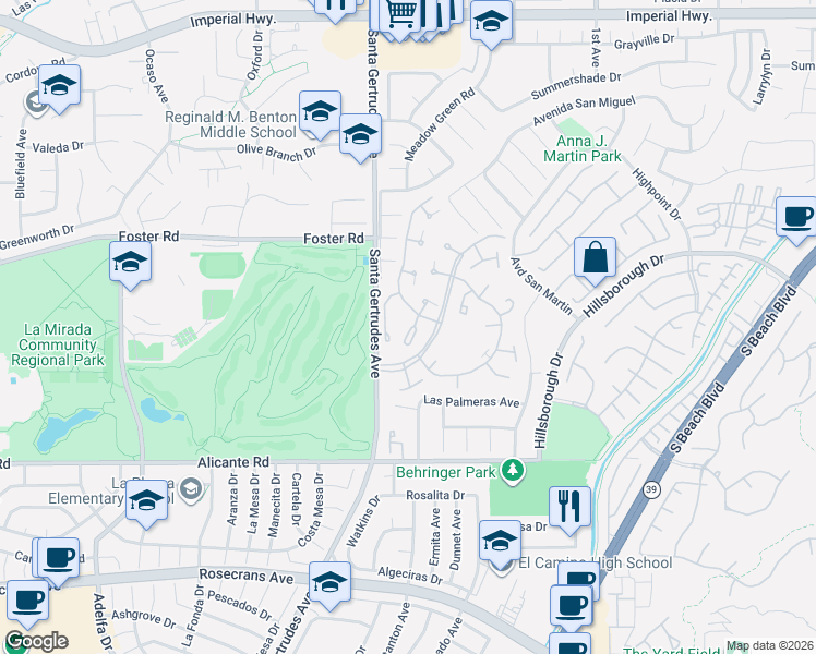 map of restaurants, bars, coffee shops, grocery stores, and more near 13602 La Jolla Circle in La Mirada