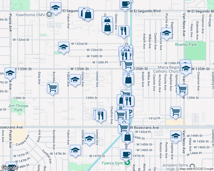 map of restaurants, bars, coffee shops, grocery stores, and more near 3205 Galli Street in Hawthorne