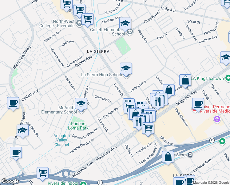 map of restaurants, bars, coffee shops, grocery stores, and more near 4051 Penrod Drive in Riverside