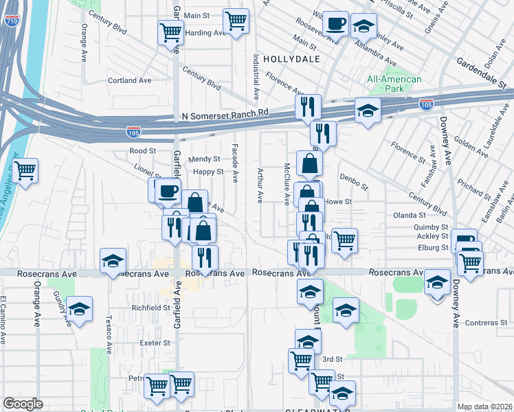 map of restaurants, bars, coffee shops, grocery stores, and more near 14005 Arthur Avenue in Paramount