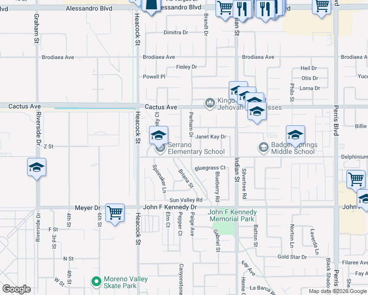 map of restaurants, bars, coffee shops, grocery stores, and more near 14708 Joshua Tree Avenue in Moreno Valley
