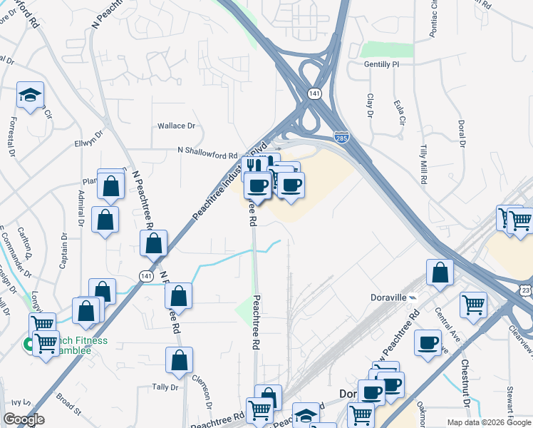 map of restaurants, bars, coffee shops, grocery stores, and more near 5955 Peachtree Road in Atlanta