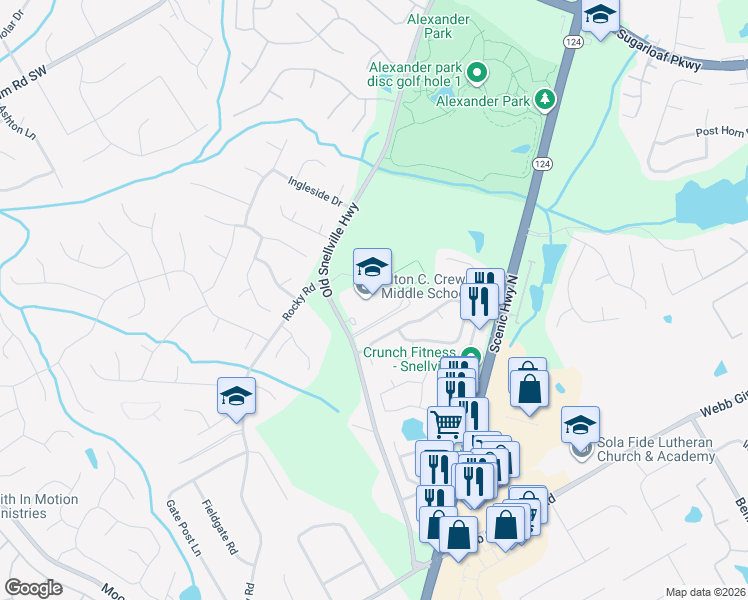 map of restaurants, bars, coffee shops, grocery stores, and more near 1000 Old Snellville Highway in Lawrenceville