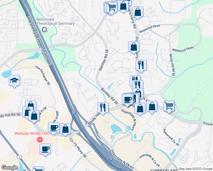 map of restaurants, bars, coffee shops, grocery stores, and more near 1970 Kimberly Village Lane Southeast in Marietta