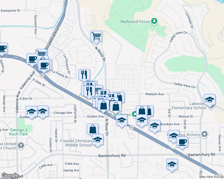map of restaurants, bars, coffee shops, grocery stores, and more near 3761 Lake Glen Drive in Yorba Linda