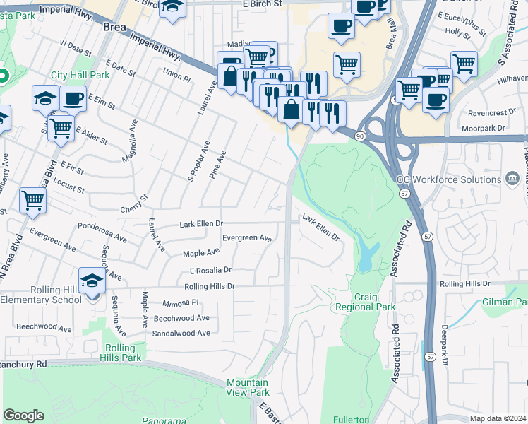 map of restaurants, bars, coffee shops, grocery stores, and more near 593 Muirwood Drive in Brea