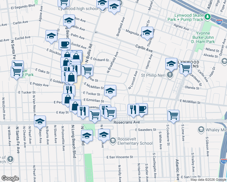 map of restaurants, bars, coffee shops, grocery stores, and more near 1824 East McMillan Street in Compton