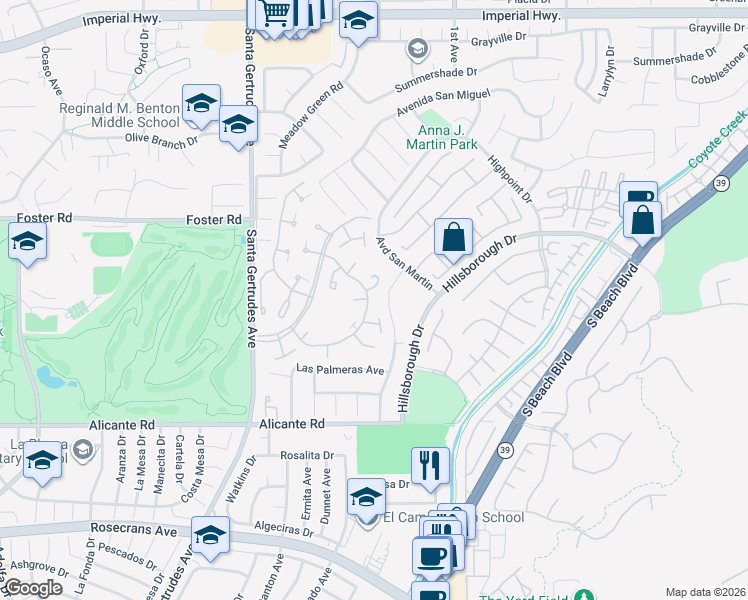 map of restaurants, bars, coffee shops, grocery stores, and more near 15929 Alta Vista Drive in La Mirada