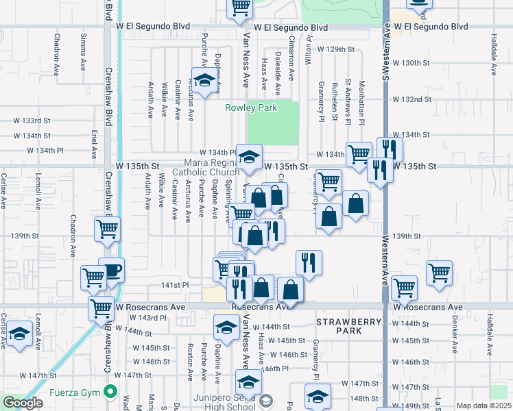 map of restaurants, bars, coffee shops, grocery stores, and more near 13700 Van Ness Avenue in Gardena