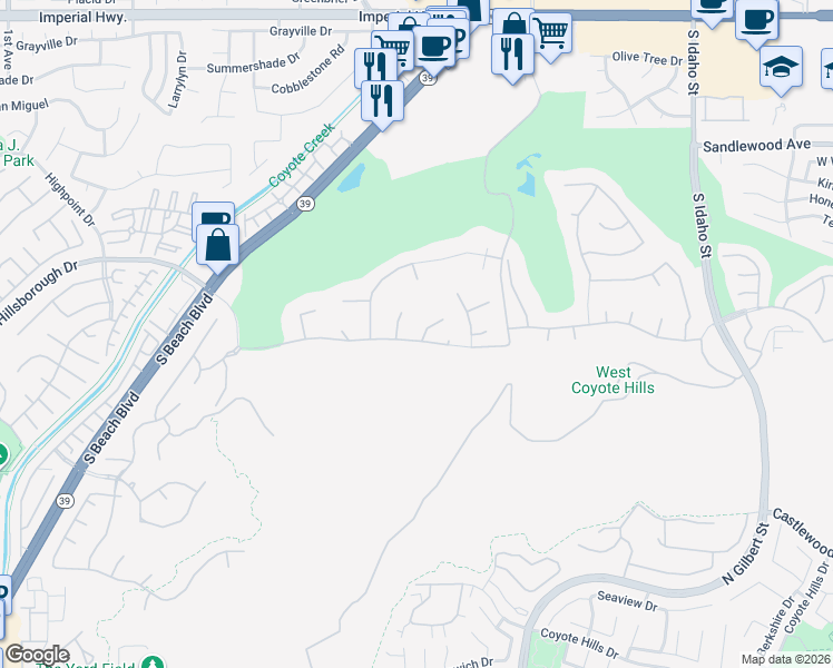 map of restaurants, bars, coffee shops, grocery stores, and more near 2060 South Littler Court in La Habra
