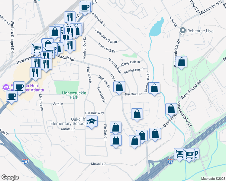 map of restaurants, bars, coffee shops, grocery stores, and more near 3923 Red Oak Dr in Atlanta