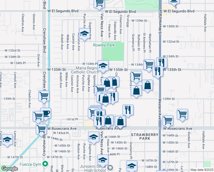 map of restaurants, bars, coffee shops, grocery stores, and more near 13700 Van Ness Avenue in Gardena