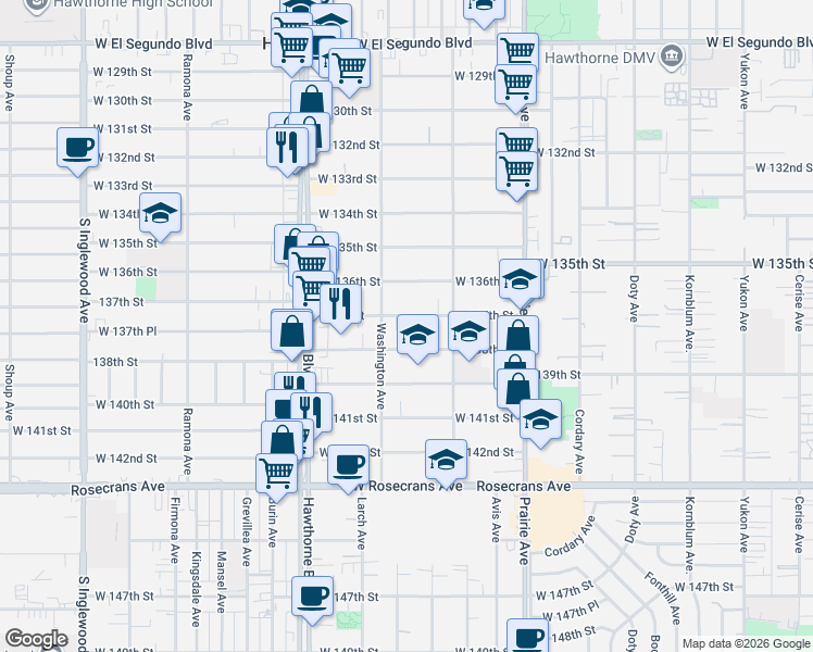 map of restaurants, bars, coffee shops, grocery stores, and more near 4221 137th Street in Hawthorne