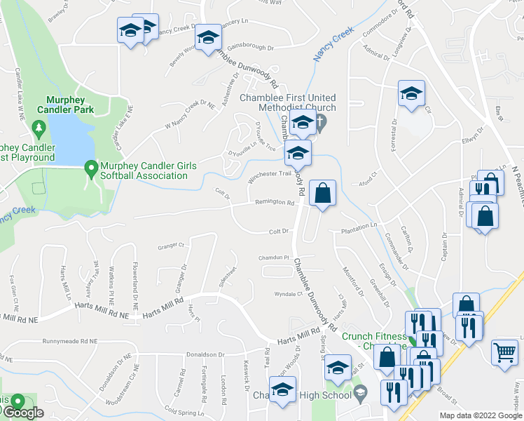 map of restaurants, bars, coffee shops, grocery stores, and more near 1860 Remington Road in Chamblee